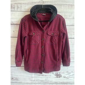 Eddie Bauer Women's flannel Hoodie "shacket" Navy Blue Red Black Medium